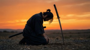 武士在開闊的田野中跪在劍旁欣賞日落