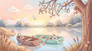 在奇特的插圖場景中，兩艘微笑的划艇在寧靜的湖面上，伴隨著快樂的雲朵和小鳥。