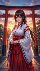 身穿傳統服飾的動漫少女站在夕陽下的鳥居下。
