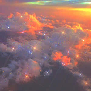在充滿活力的日落中，發光的雲彩和閃爍的星星構成的天體場景。