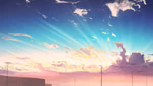 夕陽天空，光線照射在城市建築物和電線上 — 天空美學 壁紙
