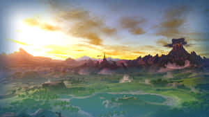 奇幻風景，有火山和城堡，夕陽下 — 薩爾達 GIF 壁紙