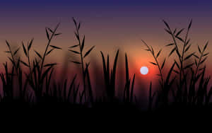 夕陽落在高草剪影後面，背景是紫色和橙色的天空 — 美麗的日落動畫 壁紙