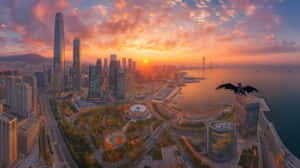 香港城市景觀，夕陽西下，龍雕像俯瞰港口和摩天大樓 — 史詩 壁紙