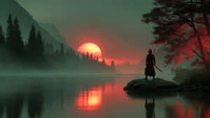 武士戰士站在湖邊岩石上，夕陽西下，背景有紅日和霧氣繚繞的山巒