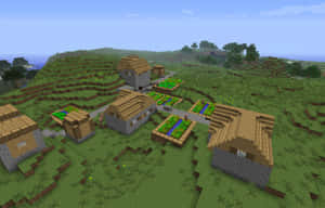Minecraft村莊，有石屋同農地喺綠色山丘上，天空蔚藍 — 型格 Minecraft 壁紙