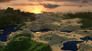 夕陽下方塊狀的Minecraft地形，有山脈、河流和森林。 — 型格 Minecraft 壁紙