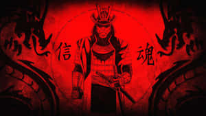 身穿盔甲的武士戰士，背景為紅色，帶有龍和漢字。 — 日式波浪 壁紙