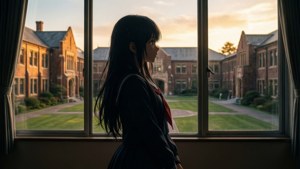 動漫女孩穿著校服在日落時從窗戶望向校園。 — 狂賭之淵 壁紙