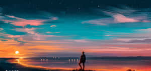人站在岩石上觀看海洋上空的日落和星星