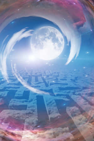 一輪發光的月亮懸浮在多彩宇宙天空中漂浮的冰塊迷宮之上。 — 海灘日落 壁紙