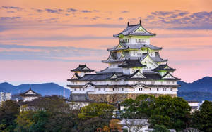 夕陽下的傳統日本城堡，粉紅和橙色天空