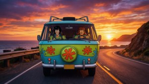 卡通人物乘坐色彩繽紛的廂型車在日落時分的海岸公路上行駛。