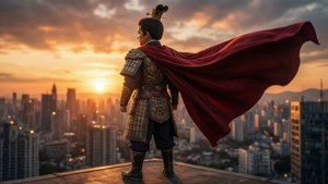 年輕戰士身穿盔甲和紅色披風，俯瞰夕陽下的城市