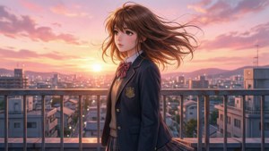 穿著校服的動漫女孩在夕陽下站在天台陽台上俯瞰城市