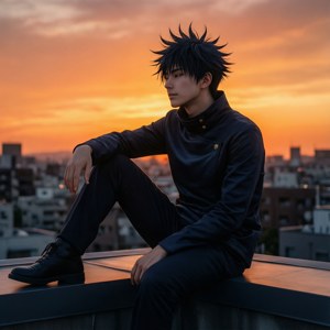 動畫角色在夕陽下坐在屋頂俯瞰城市