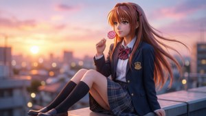 動畫女學生穿著校服在屋頂上拿著棒棒糖，夕陽西下。
