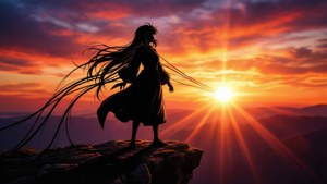 長髮動漫女孩站在懸崖上觀看日落山脈