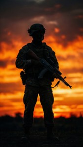 日落時持步槍的士兵剪影