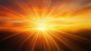 爆炸性的金色太陽光芒在溫暖的漸變天空中輻射光芒。