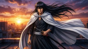 身穿白色斗篷的武士戰士在日落時分的城市屋頂上手持武士刀。