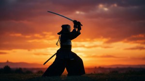 劍道戰士在夕陽下持劍的剪影