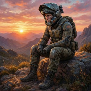 身穿作戰裝備的士兵在日落時分坐在山岩上俯瞰山谷。
