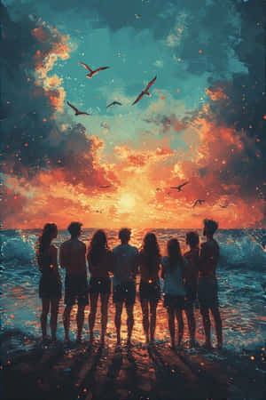 七個人並排站在海邊，觀賞著飛翔的海鷗和充滿活力的日落。 — 老友記 壁紙