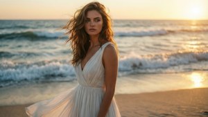 身穿白色連衣裙的女性在金色夕陽和海浪的沙灘上站立。