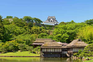 山丘上的日本城堡，茅草屋頂建築和池塘