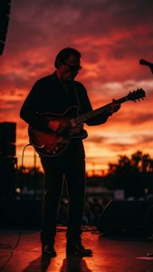 在熾熱的夕陽天空下，剪影般的音樂家彈奏電結他。