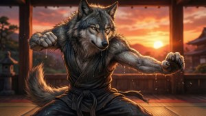 狼戰士在日落道場擺出武術姿勢