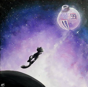 黑貓在紫色星空中跳向太空船。
