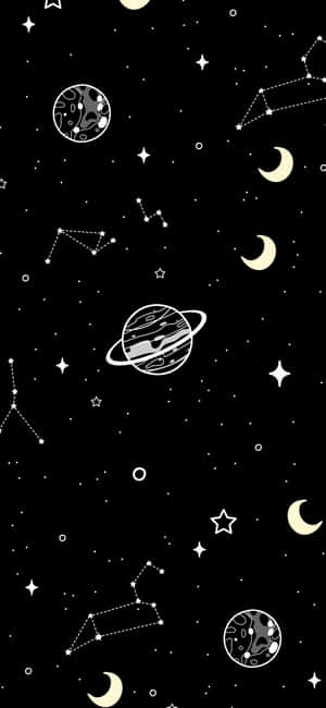 黑色背景上的天體圖案，包含星星、月亮和行星