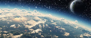 從太空看到的地球，背景有雲和星星。