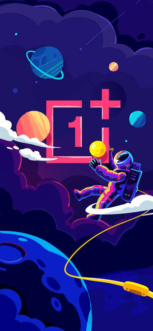 太空人在太空中手持發光球體，靠近一個大型OnePlus標誌，伴隨著色彩繽紛的行星。 — OnePlus 壁紙