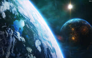 兩顆類似地球的行星在深空中明亮的恆星下發光。