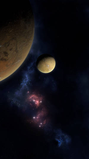 兩顆行星在一個充滿發光恆星的多彩星雲附近運行。