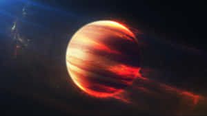 火紅與橙色的氣體巨星行星，帶有旋轉的雲層，處於星辰宇宙場景中。 — 光 壁紙