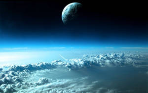 火箭穿過雲層升向太空中遙遠的藍色行星。