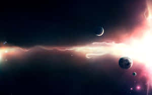行星漂浮在發光的宇宙雲和星空中，伴隨著耀眼的光束。