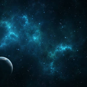 深空中的青綠色星雲和恆星，以及行星和衛星。