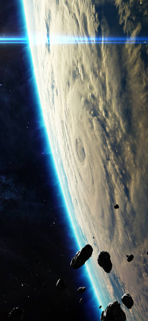 太空人視角的地球，大氣發光，太空中漂浮著小行星。