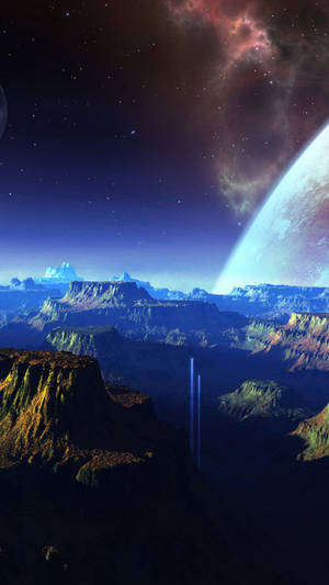 發光行星和星空下的外星峽谷景觀。 — 太空美學 GIF 壁紙