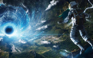 太空人在星球上方漂流，天空中有一個黑洞。 — 行星 壁紙