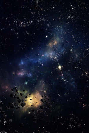 一個繁星點點的太空場景，有色彩繽紛的星雲和漂浮的小行星。