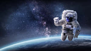 太空人在地球上空太空漂流，背景有星星和星系。 — 太空 壁紙