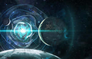 太空中靠近行星和月亮的發光藍色能量漩渦。
