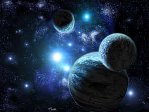 三顆行星漂浮在一個繁星點點的藍色星雲中，有發光的恆星和宇宙塵埃。