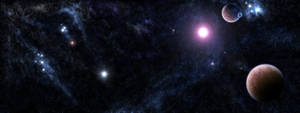 一個繁星點點的星系，有發光的星雲和行星漂浮在深空中。